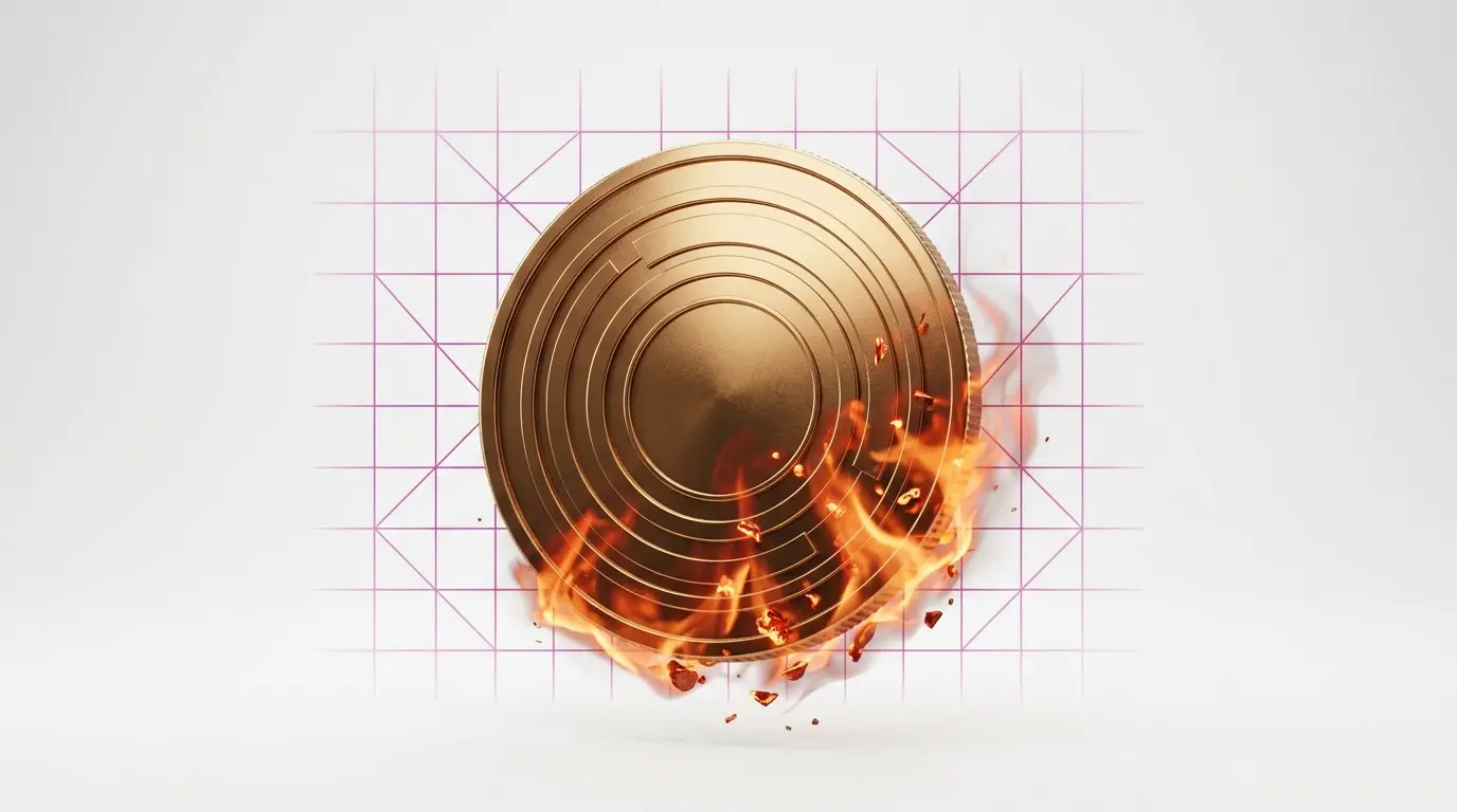 PUMP cryptocurrency coin with burning flames and magenta gradient tech grid background