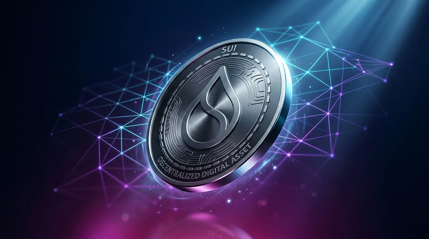 SUI Crypto is making waves with a 37% gain, influenced by constrained supply and major protocol enhancements for DeFi liquidity. Sui cryptocurrency token rising upward against blockchain network grid with purple gradient lighting